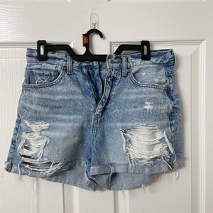 American Eagle Distressed High Rise Denim Shorts – Medium Wash, Heavy Rips